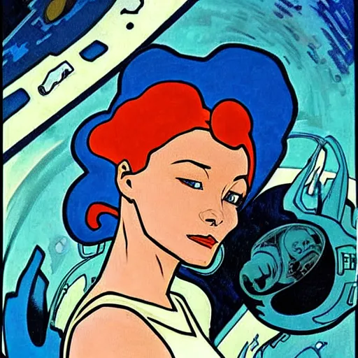 Image similar to an alien woman with blue skin and red hair, floating in space. she is an astronaut, wearing a space suit. well composed, clean elegant painting, beautiful detailed face. comic book art by steve ditko and jack kirby and ( alphonse mucha )