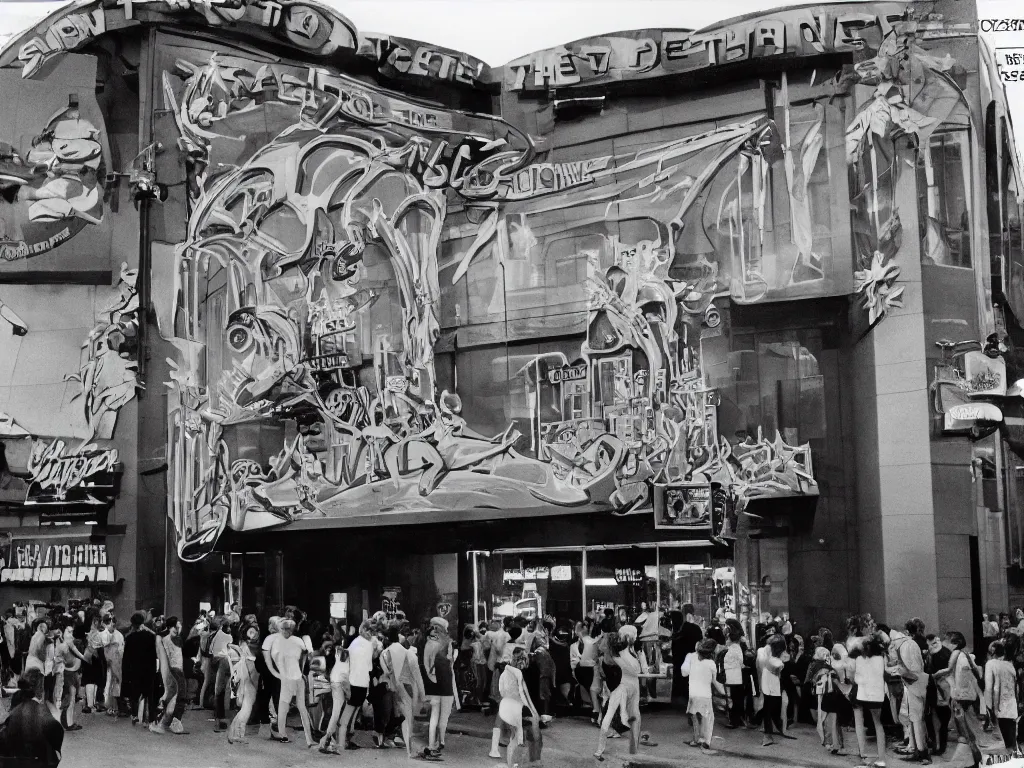 Prompt: a photograph taken with anscochrome 2 0 0, street view of the new theater of the town, with a back to the future banner, a lot of people in a line to enter the theater, ultra detailed, almost night, 1 9 8 5,