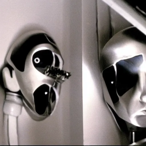 Image similar to possession (1981) movie still, still, robot head and man head,