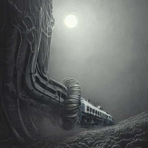 Image similar to photorealistic centipede thomas the train in the style of michael whelan and gustave dore. hyperdetailed photorealism, 1 0 8 megapixels, amazing depth, glowing rich colors, powerful imagery, sinister overtones, 3 d finalrender, 3 d shading, cinematic lighting, artstation concept art