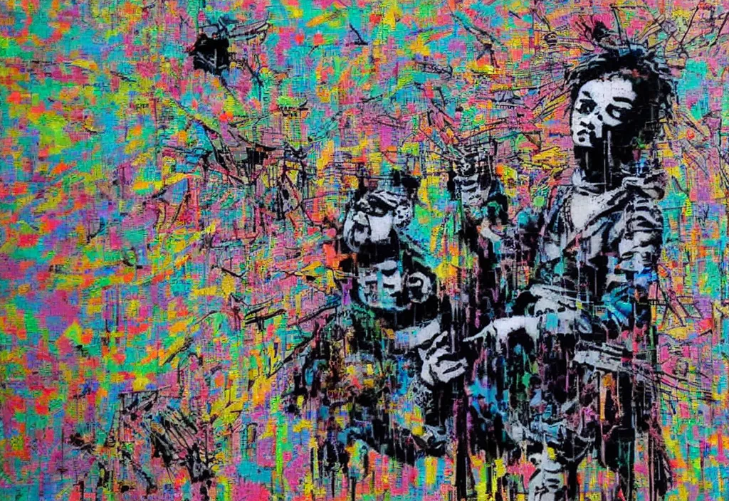 Image similar to full color banksy graffiti with statement of ai art is not art, detailed, realistic, glitch art effect