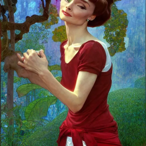 Image similar to Audrey Hepburn with red hair and long pixie haircut in shorts and white shirt drawn by Donato Giancola and Jon Foster, frank frazetta, alphonse mucha, background by James Jean and gustav klimt, 4k, volumetric lighting, french nouveau, trending on artstation, octane render, hyperrealistic