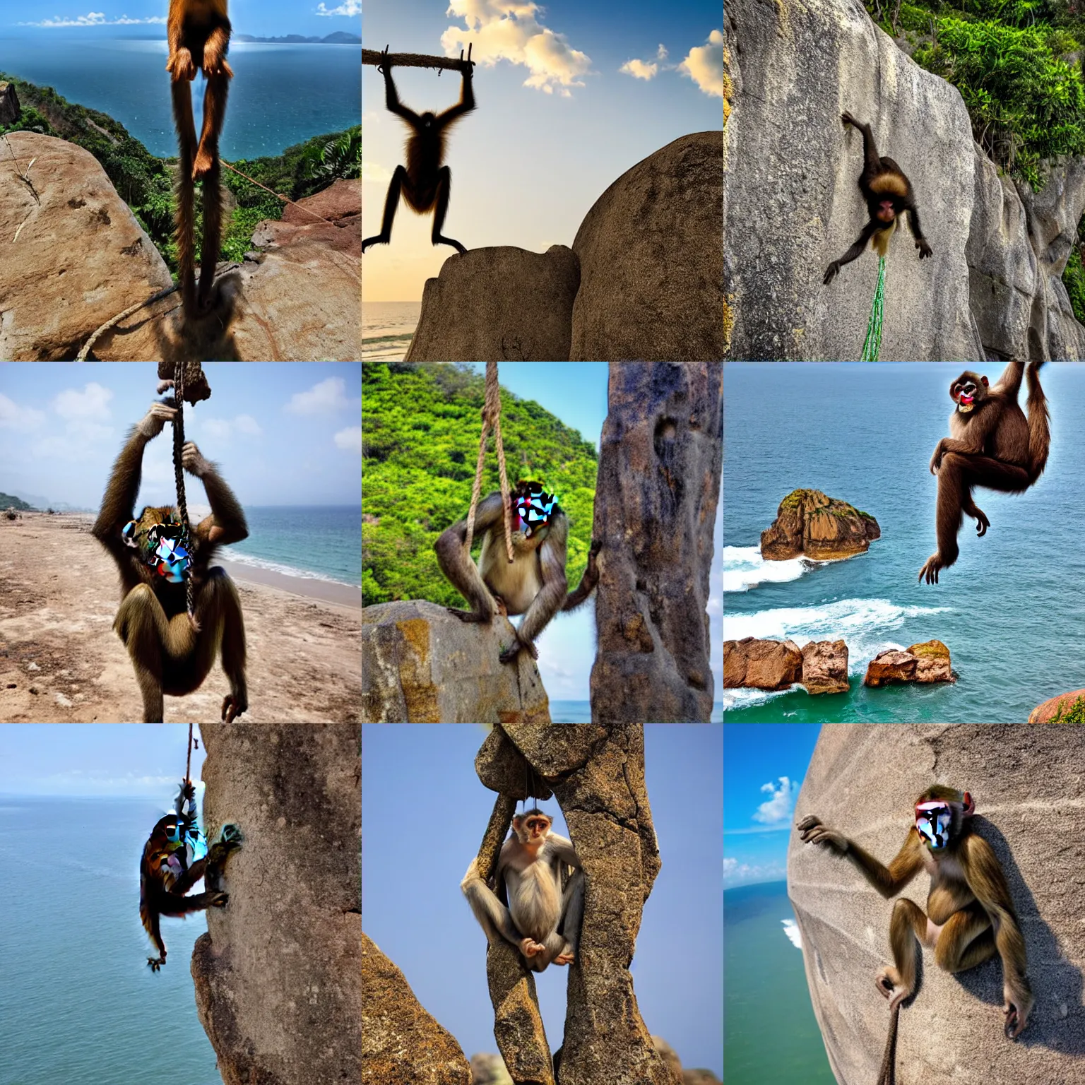 Prompt: a monkey hanging from a stone, epic high vista brazil beach