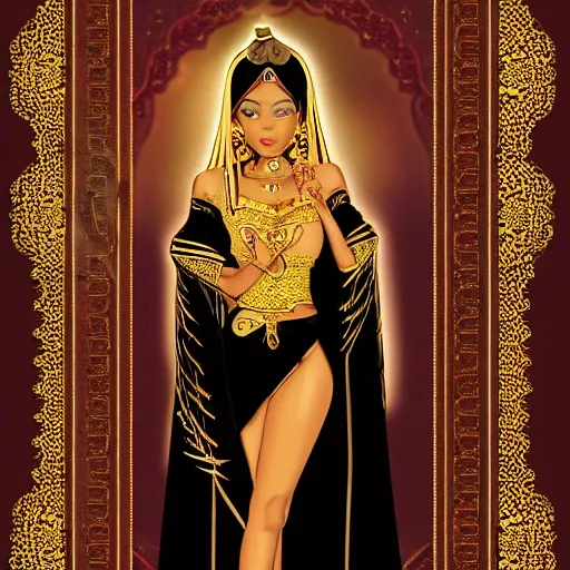 Prompt: aesthetic!!!!!! Female genie in Arabic clothing, black skin, long black hair, gold tint, frontal pose, cinematic lighting, silk, fabric, full-length view, graphex camera, symmetrical balance, in-frame, bokeh!!!!!!