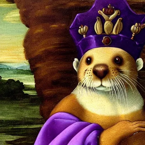 Prompt: renaissance painting of an otter wearing a royal crown and royal purple robes
