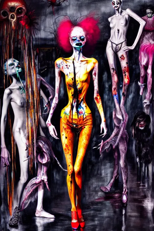 Image similar to crazy fashion catwalk, one model, crazy clothes, biopunk style, horror, hauntingly surreal, highly detailed painting by francis bacon, edward hopper, adrian ghenie, gerhard richter, and james jean soft light 4 k,