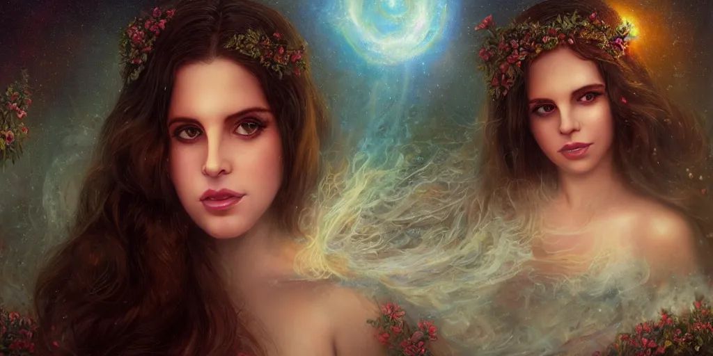 Image similar to big-eyed Lana Del Rey staring into the camera, sundown misty firefly wisps, Lilia Alvarado, Sophie Anderson, Mark Arian, Bob Byerley, Charlie Bowater, Mark Brooks, Steve Henderson, Justin Gerard, Arthur Hughes, Edward Robert Hughes, Mark Keathley, Victor Nizovtsev, Carlos Shwabe, Ross Tran, WLOP