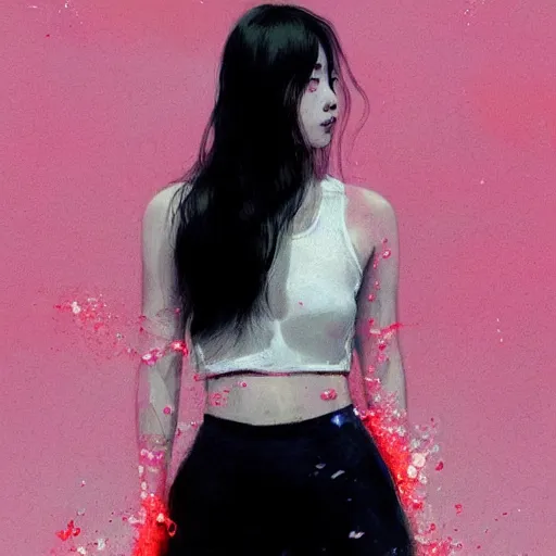 Prompt: lee jin - eun wearing white luxurious crop - top emerging from pink water in cyberpunk theme by greg rutkowski, claude monet, conrad roset, takato yomamoto, frederick edwin church, rule of thirds, seductive look, beautiful, refined, masterpiece, complex face anatomy