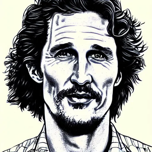 Image similar to a portrait drawing of Mathew McConaughey drawn by Robert Crumb