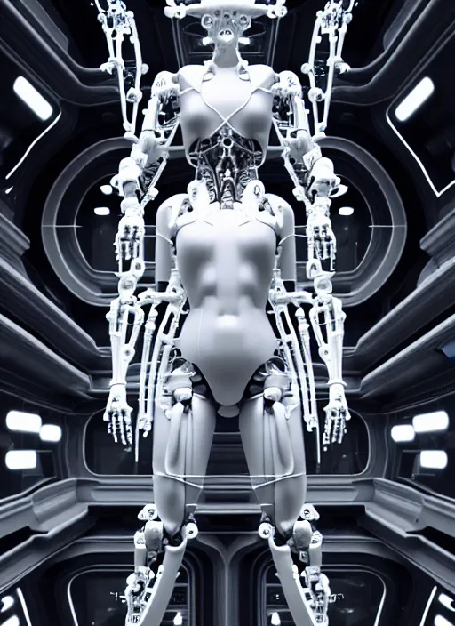 Image similar to dark high detailed space station interior a statue jesus on cross made of white marble, perfect symmetrical body, full body shot, inflateble shapes, wires, tubes, veins, jellyfish, white biomechanical details, wearing epic bionic cyborg implants, masterpiece, intricate, biopunk, vogue, highly detailed, artstation, concept art, cyberpunk, octane render