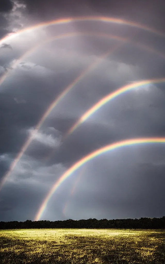 Image similar to dark night stormcloud, intricated rainbow with ring shape, light gleams and beams between the cloud, photography fantasy, realistic