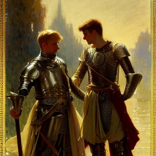 Image similar to attractive arthur pendragon and his attractive male knight, they are in love, natural lighting, path traced, highly detailed, high quality, digital painting, by gaston bussiere, craig mullins, alphonse mucha j. c. leyendecker