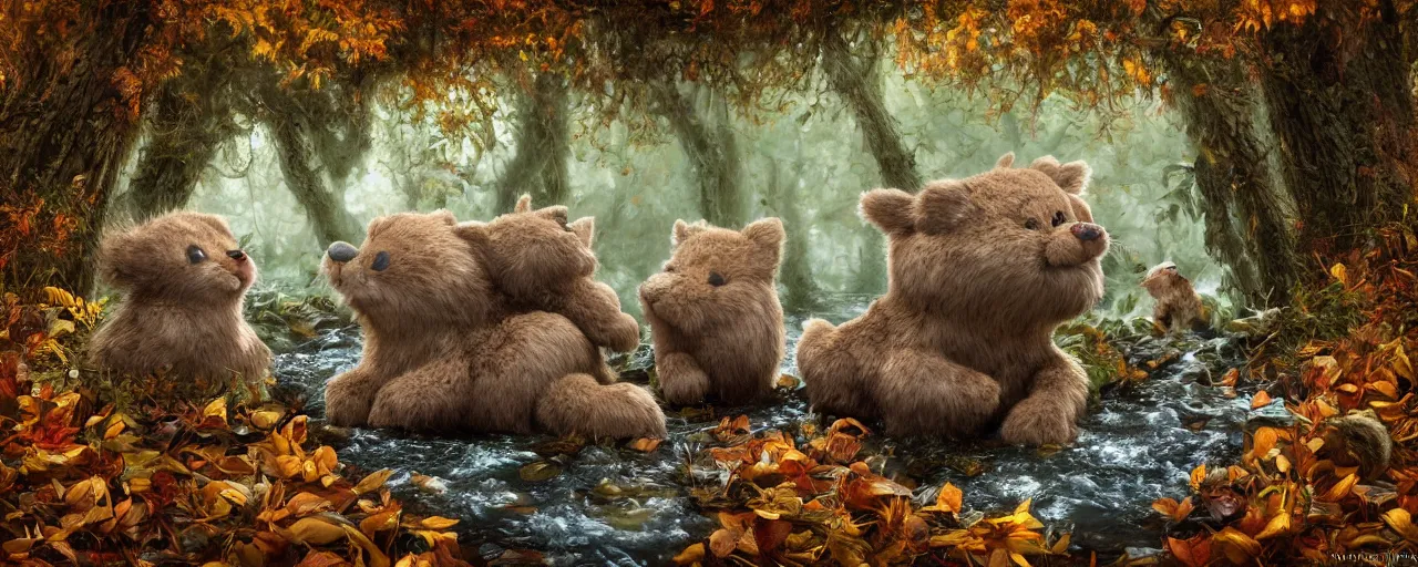 Image similar to wide - angle shot of furry funny creatures bathing in forest stream in autumn, depth of field, zeiss lens, detailed, symmetrical, centered, by nicoletta ceccoli, mark ryden, lostfish, earl nore, hyung tae, frank frazetta, breathtaking, 8 k resolution beautiful artistic, hyperrealistic, octane render