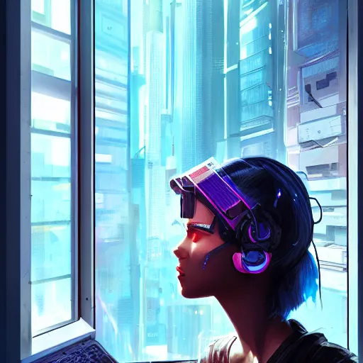 Image similar to portrait of cyberpunk woman looking out of a window, cyberpunk setting, futuristic, highly detailed, intricate lighting, digital painting, sharp focus, illustration, trending on artstation, art by marc brunet.