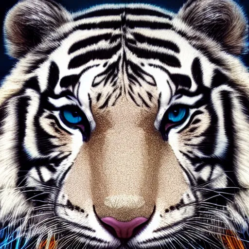 Prompt: a painting, a white tiger, yellow eyes, headshot, oil painting, illustration, rich details, 8 k, blue background, gradient, light and shadow