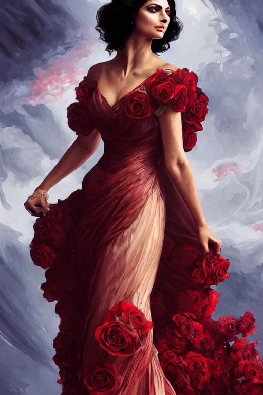 Image similar to Morena Baccarin dressed in a vaporous wrapped large victorian red roses silk semi-transparent dress fashion is running D&D, fantasy, intricate, elegant, highly detailed, digital painting, artstation, concept art, matte, sharp focus, illustration, art by Artgerm and Greg Rutkowski and Alphonse Mucha