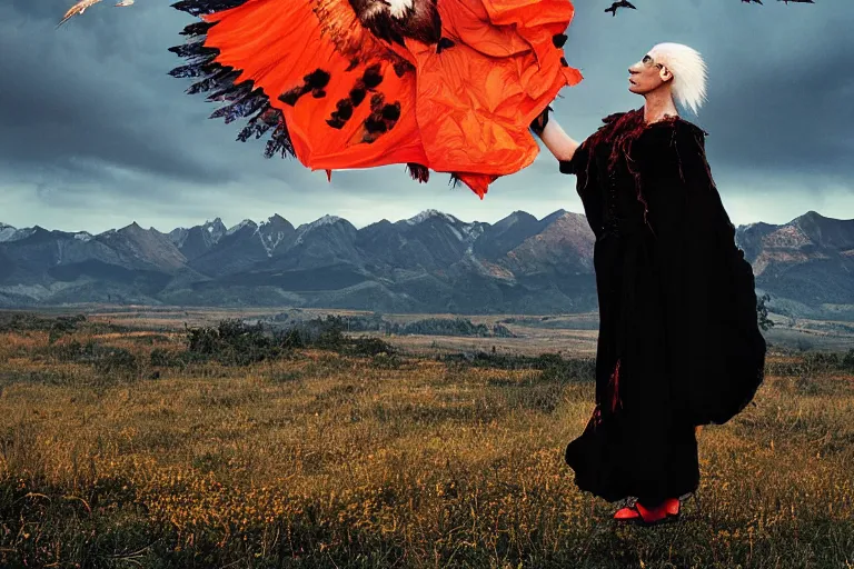 Prompt: at Dusk a witch woman dressed in an elaborate tattered cloak with hood, stands overlooking a mountain range as she holds up a lit and burning red signal flare. An american bald eagle flies towards her. Portrait by annie Liebowitz.