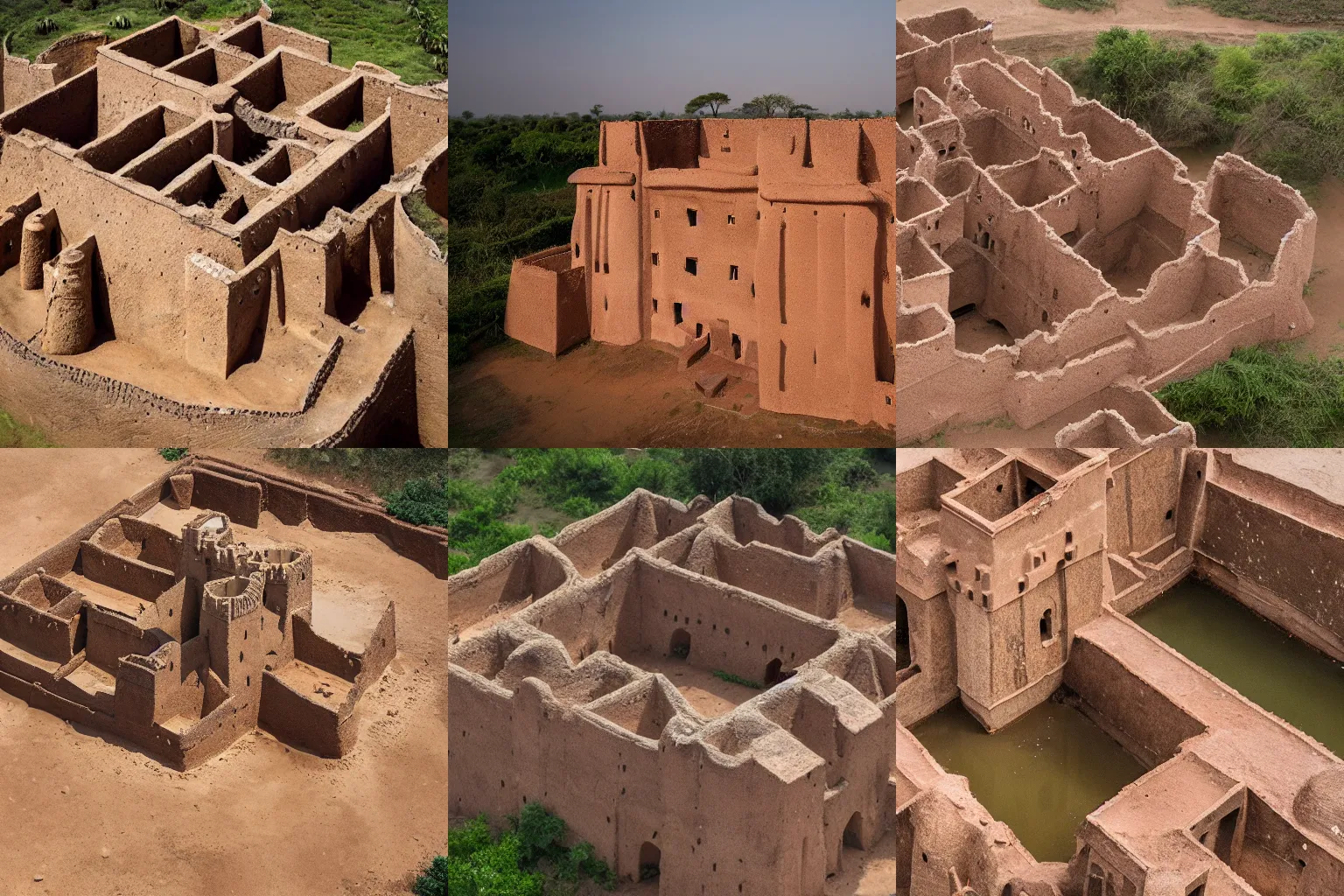 Prompt: High-quality aerial photography of an old West African castle made of mud bricks in the middle of a walled village, National Geographic