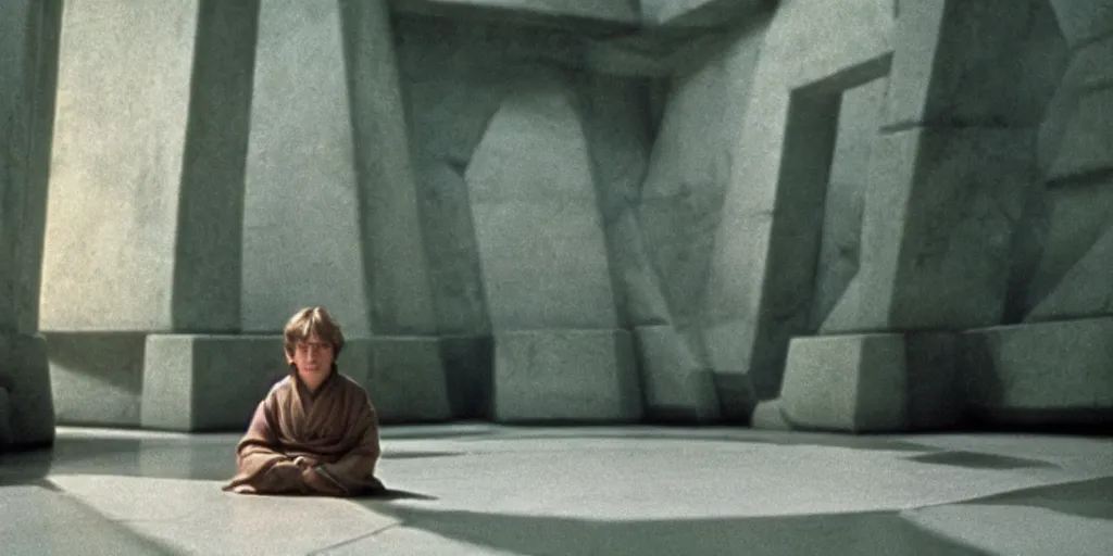 Prompt: screenshot of master Luke Skywalker alone in a a Jedi Temple, 1970s thriller by Stanely Kubrick film, color kodak, ektochrome, anamorphic lenses, detailed faces, moody cinematography