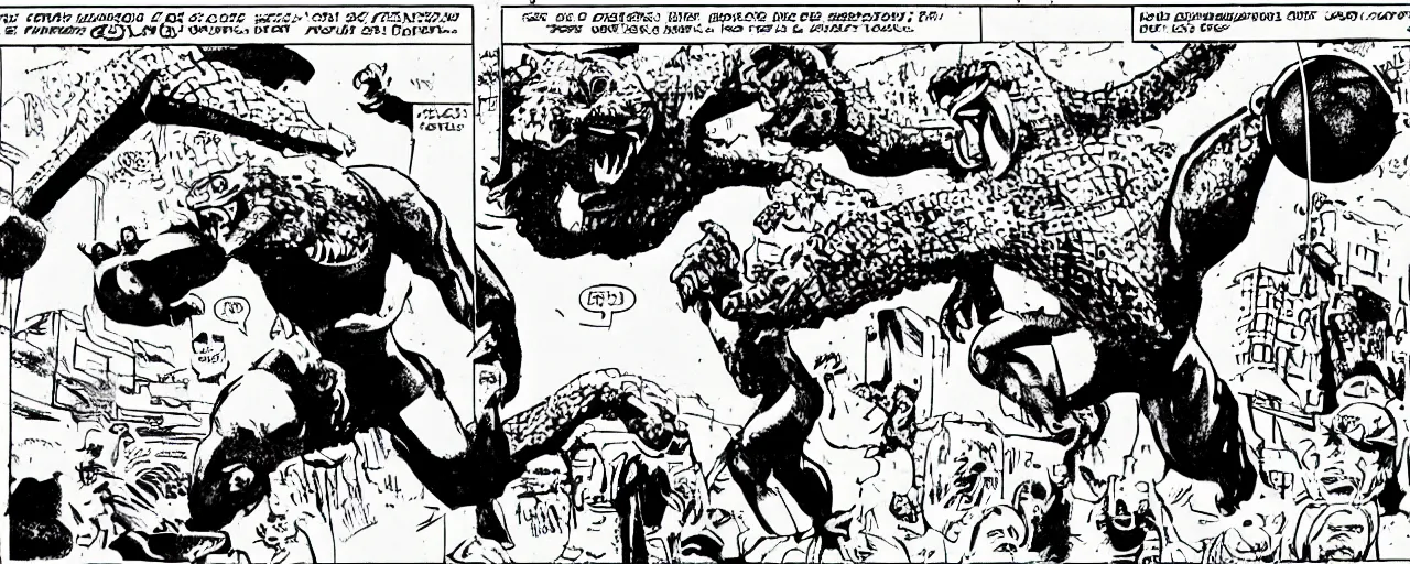 Image similar to godzilla slam dunking basketball on shaquille o'neil, marvel comic, 1 9 6 0's style, comic strip