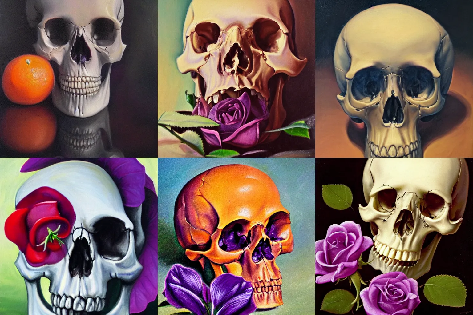 Prompt: A human skull growing a purple rose and a orange Lilly out of it’s mouth, oil painting, high detail
