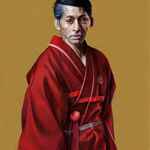 Image similar to a portrait of a human hybrid mutant brown rat in red kimono, painting, realistic, digital art