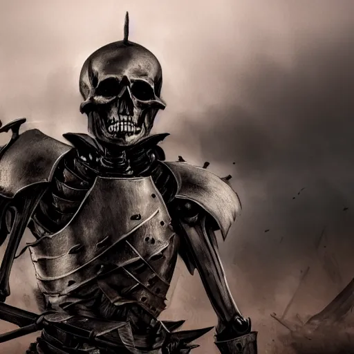 Image similar to a skeleton knight in black full plate armor with a black cape billowing in the wind standing on the battlefield surrounded by bodies, golden hour, shallow depth of field, moody lighting, 8 k, concept art,