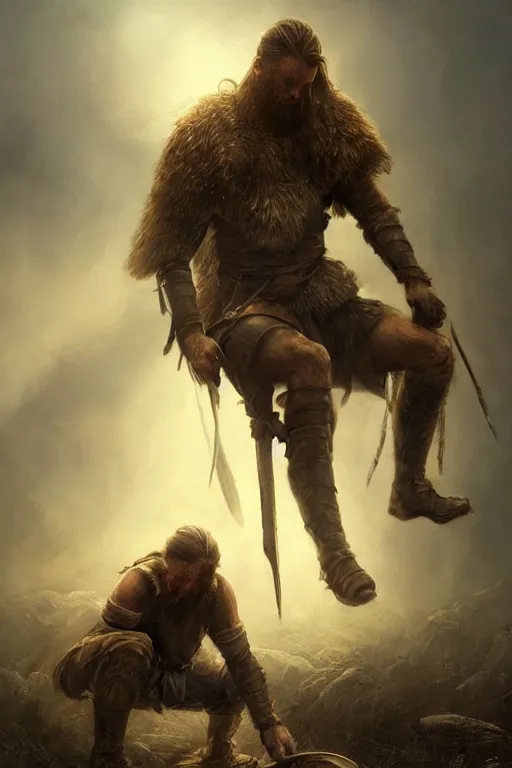 Image similar to aesthetic digital illustration of a wounded viking warrior on his knees by anne stokes, greg rutkowski, and brian belledin | dirty and bloody, concept art, character concept, matte background, golden ratio, rule of thirds, golden hour lighting, unreal engine, finalrender, centered, deviantart, artgerm