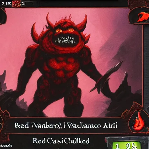 Image similar to a highly detailed red and black obsidian volcanic goblin, like magic the gathering, goblin chainwalker, with a volcano in the background ” w 7 6 8