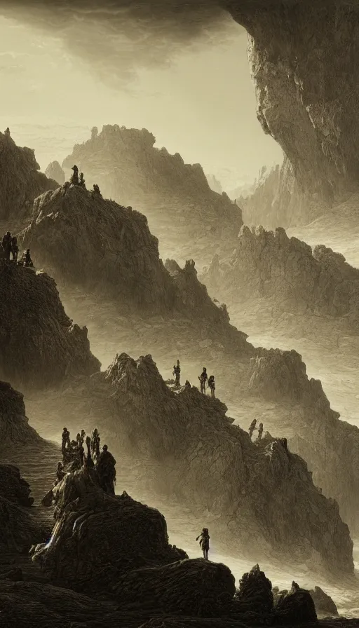 Image similar to Crossing the chasm in alien territory, Gustave Dore, people walking into the horizon, trending on artstation