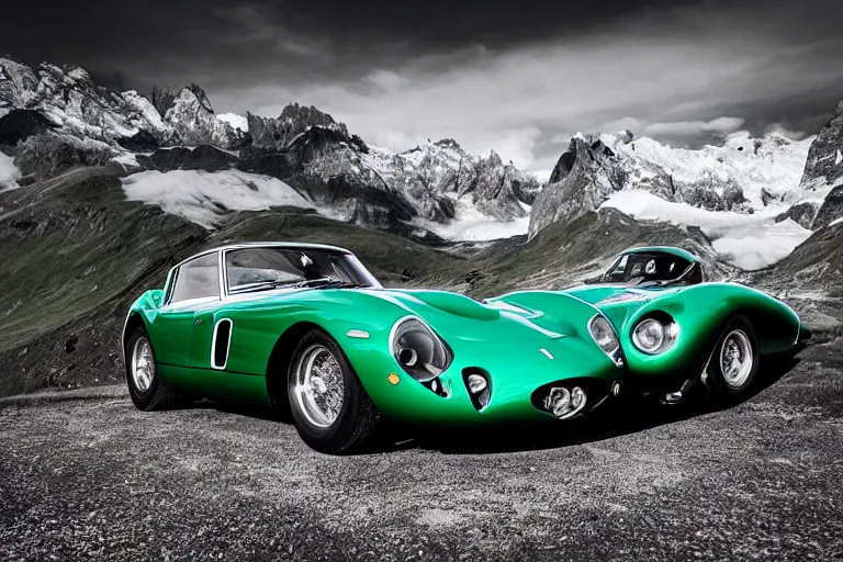 Image similar to car photography of “Ferrari 250 GTO series 2” in the Swiss Alps by Emmanuel Lubezki