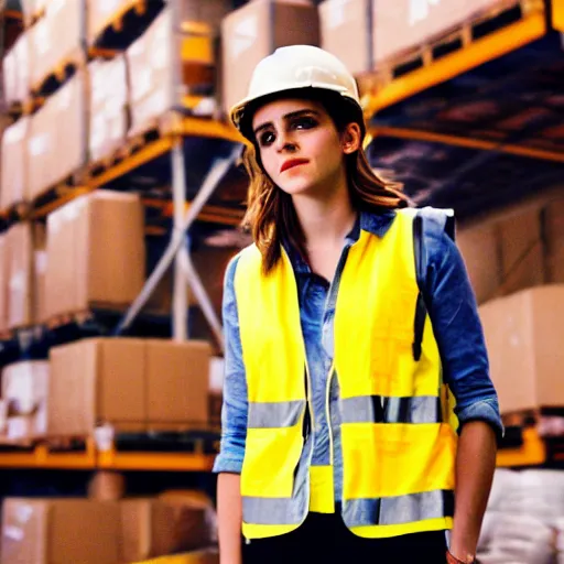 Image similar to photo, close up, emma watson in a hi vis vest, in warehouse, disposable camera, 5 0 mm,