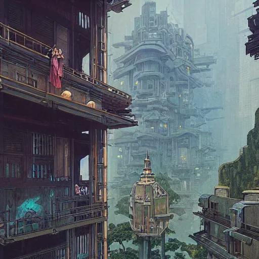 Image similar to view from distant balcony of ancient decaying art deco arcology with studio ghibli wooden homeless Hong Kong built around it, science fiction concept art by greg rutkowski and wayne barlowe and alphonse mucha