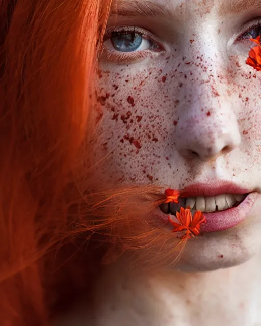 Image similar to Close-up portrait of a woman , close-up, high sharpness, zeiss lens, fashion photo shoot, flowers, red hair, freckles, Annie Leibovitz and Steve McCurry, David Lazar, Jimmy Nelsson, artistic, hyper-realistic, beautiful face, octane rendering