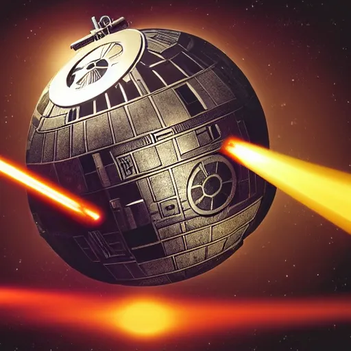 Image similar to high - quality photo of steampunk style death star, firing lasers.