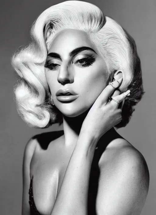 Image similar to lady gaga styled by george hurrell, old hollywood, vintage, photohoot, set pieces, intricate set, canon, highly realistic. high resolution. highly detailed. dramatic. 8 k. 4 k.