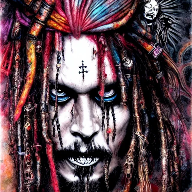 Prompt: symmetrical complex fine detail, black ink & copic markers, spiritual horror lsd art in vibrant muted colors, disturbing grunge still of a solomonic demon infested captain jack sparrow, by arthur adams, by tom bagshaw, by henry asencio, by kikuchi hideyuki