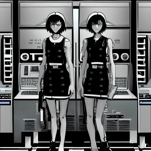 Image similar to beautiful twin sisters hacking into the mainframe of the pentagon, in the style of hiroya oku and riyoko ikeda, black and white, photorealistic, epic, super cool