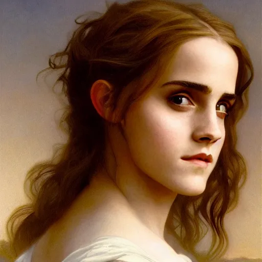 Image similar to Painting of Emma Watson as Hermione Granger. Art by william adolphe bouguereau. During golden hour. Extremely detailed. Beautiful. 4K. Award winning.