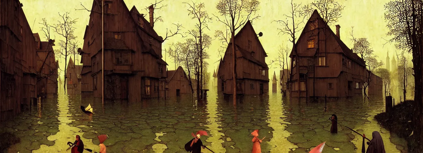 Image similar to flooded old wooden street, very coherent and colorful high contrast masterpiece by norman rockwell franz sedlacek hieronymus bosch dean ellis simon stalenhag rene magritte gediminas pranckevicius, dark shadows, sunny day, hard lighting, reference sheet white background