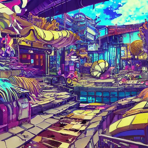 Image similar to anime background of an undersea slums shopping district built from various sea shells and corals, seaweed, light prisms, light diffraction, steampunk, cyberpunk, cool colors, caustics, anime, vhs distortion, inspired by splatoon by nintendo, art created by miyazaki studio ghibli