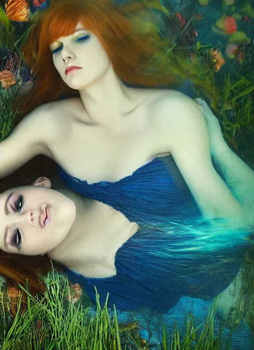 Prompt: lady laying under the river bed amongst the weeds, underwater shot, submerged, medium shot, on the bed of the river preraphaelite, 8 k