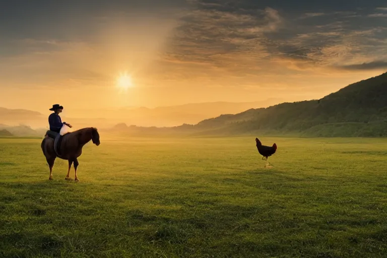 Prompt: a beautiful photograph of a chicken riding a horse through a vast serene landscape, rivers and fields run through the landscape and the sun rises over the hilltops