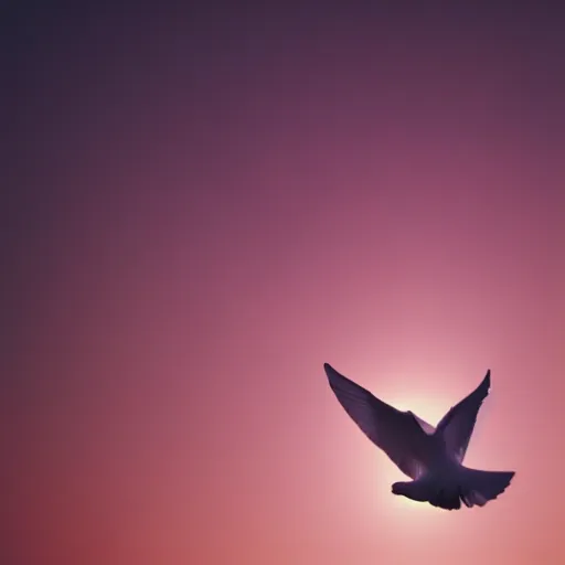 Image similar to Close-up realistic shot of a radiant white dove flying over the clouds at sunset, ethereal, vintage photograph, film grain, surreal, awe-inspiring, highly detailed