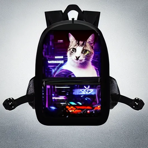 Image similar to cat in a scifi cyberpunk backpack