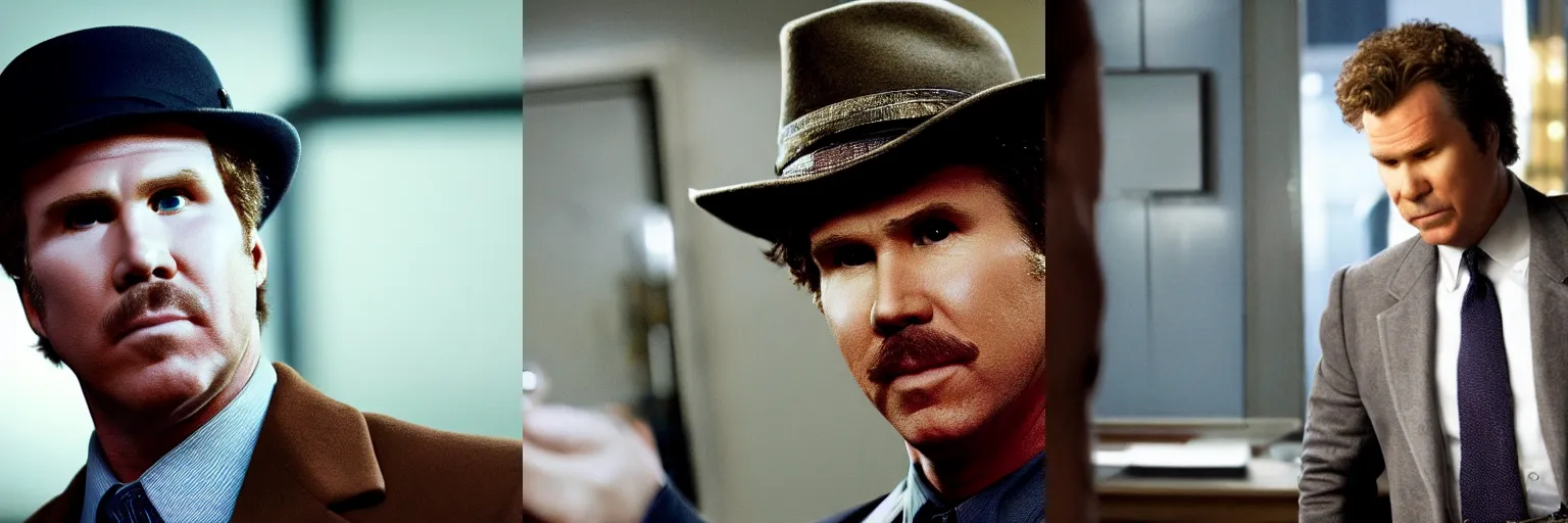 Prompt: close-up of Will Ferrell as a detective in a movie directed by Christopher Nolan, movie still frame, promotional image, imax 70 mm footage