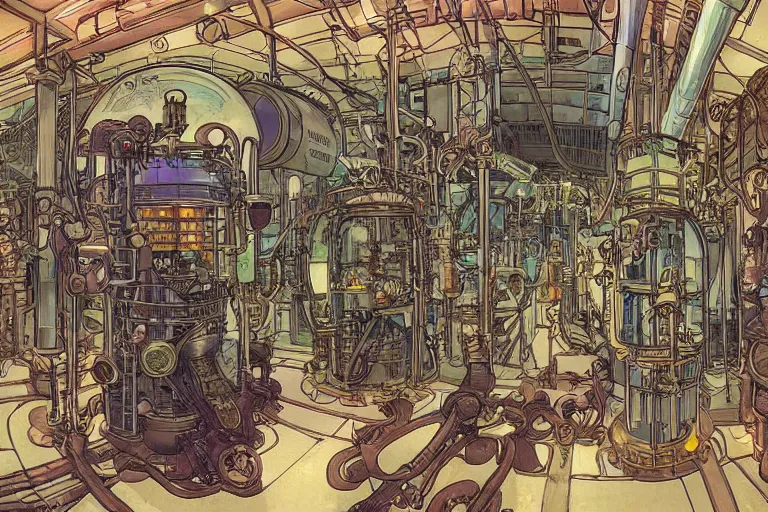 Prompt: steampunk lab room filled with big vapor tubes and alchemy equipment, mad scientist working, giant screens, sci - fi vending machine, retrofuturism, concept art by mucha and moebius and victo ngai, clean line, diesel punk