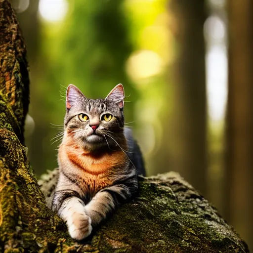 Image similar to cat in deep forest, photorealistic, 4 k, 5 0 mm, bokeh