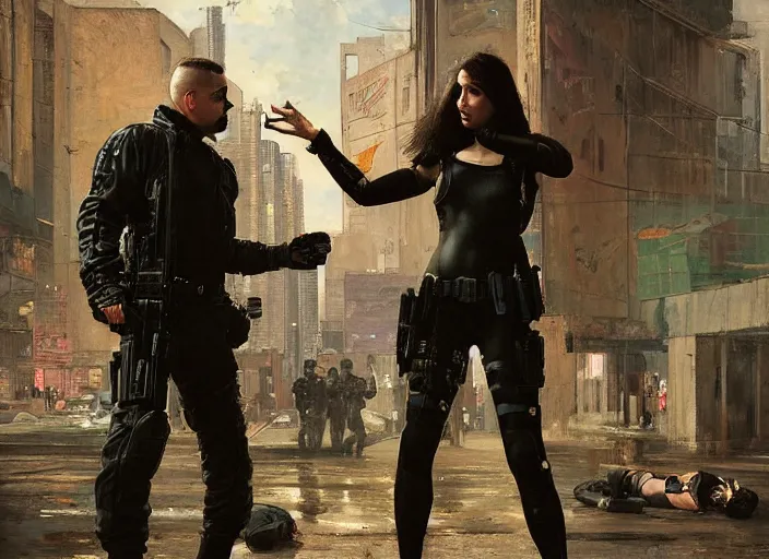 Image similar to Maria evades sgt Griggs. Cyberpunk hacker escaping Menacing Cyberpunk policeman griggs wearing a combat vest. (dystopian, police state, Cyberpunk 2077, bladerunner 2049). Iranian orientalist portrait by john william waterhouse and Edwin Longsden Long and Theodore Ralli and Nasreddine Dinet, oil on canvas. Cinematic, vivid colors, hyper realism, realistic proportions, dramatic lighting, high detail 4k