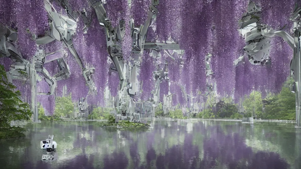 Prompt: view from across the purple river of the enormous glossy white robot factory. the robot factory is within a clearing in the wisteria forest. by simon stalenhag and zaha hadid